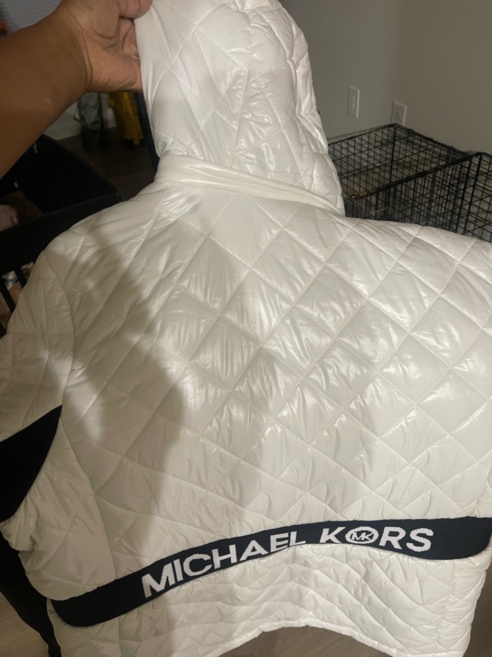Michael Kors White Quilted Hooded Jacket with Black Logo Band